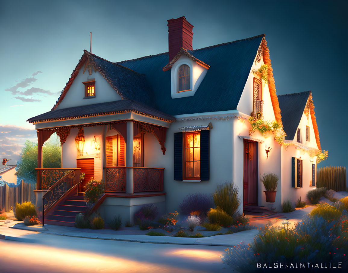 Cozy illuminated house at dusk with warm lights and wooden balcony