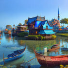 Futuristic landscape with water, traditional boats, advanced buildings, and moon.