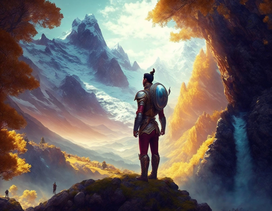 Armored knight gazes at sunrise over autumnal landscape