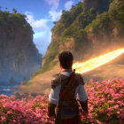 Character with flaming sword in serene landscape with cliffs, waterfalls, and pink flowers