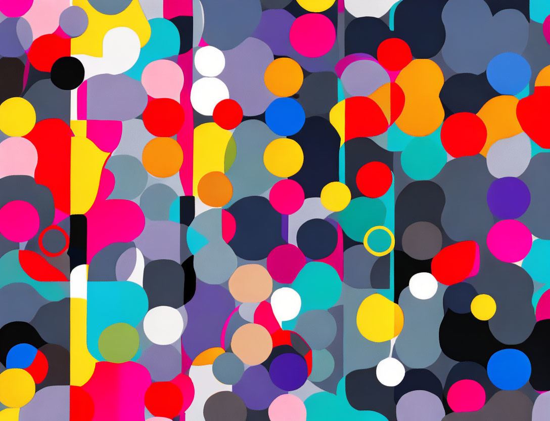 Vibrant Abstract Artwork: Overlapping Circles & Shapes in Pink, Blue, Yellow,