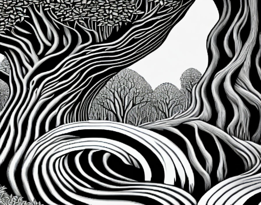 Detailed black & white zebra pattern illustration merging into abstract tree landscape.