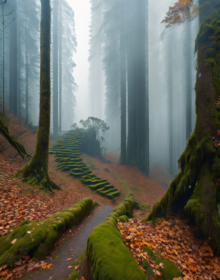 Enchanting forest path with moss, foggy trees, and autumn leaves