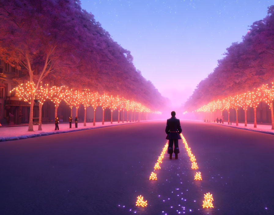 Snow-covered street with purple lights and star decorations at twilight