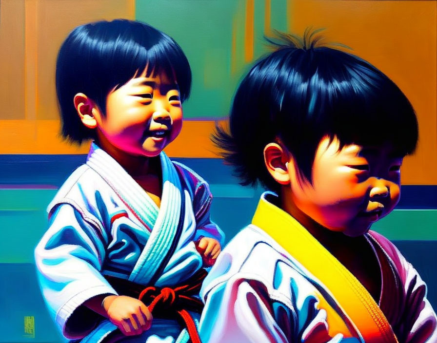 Young siblings in colorful martial arts uniforms with belts, one smiling and the other focused