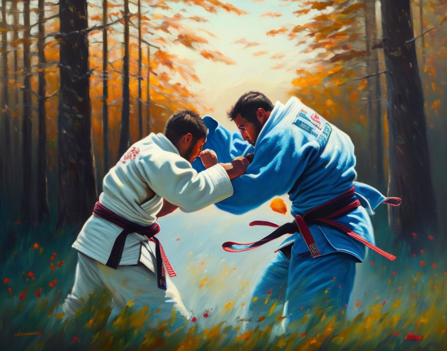 Judo practitioners sparring in forest clearing with sunlight filtering through trees