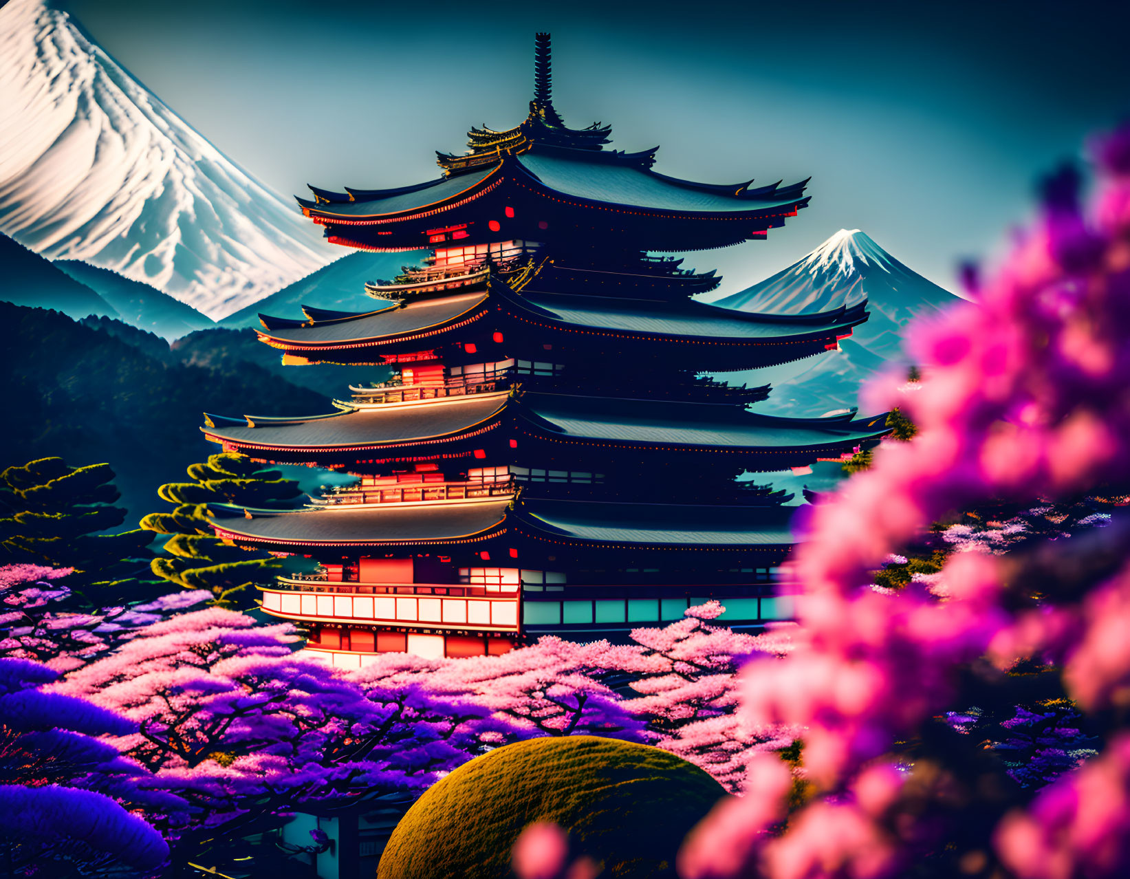 Japanese Pagoda with Mount Fuji and Cherry Blossoms in Bloom