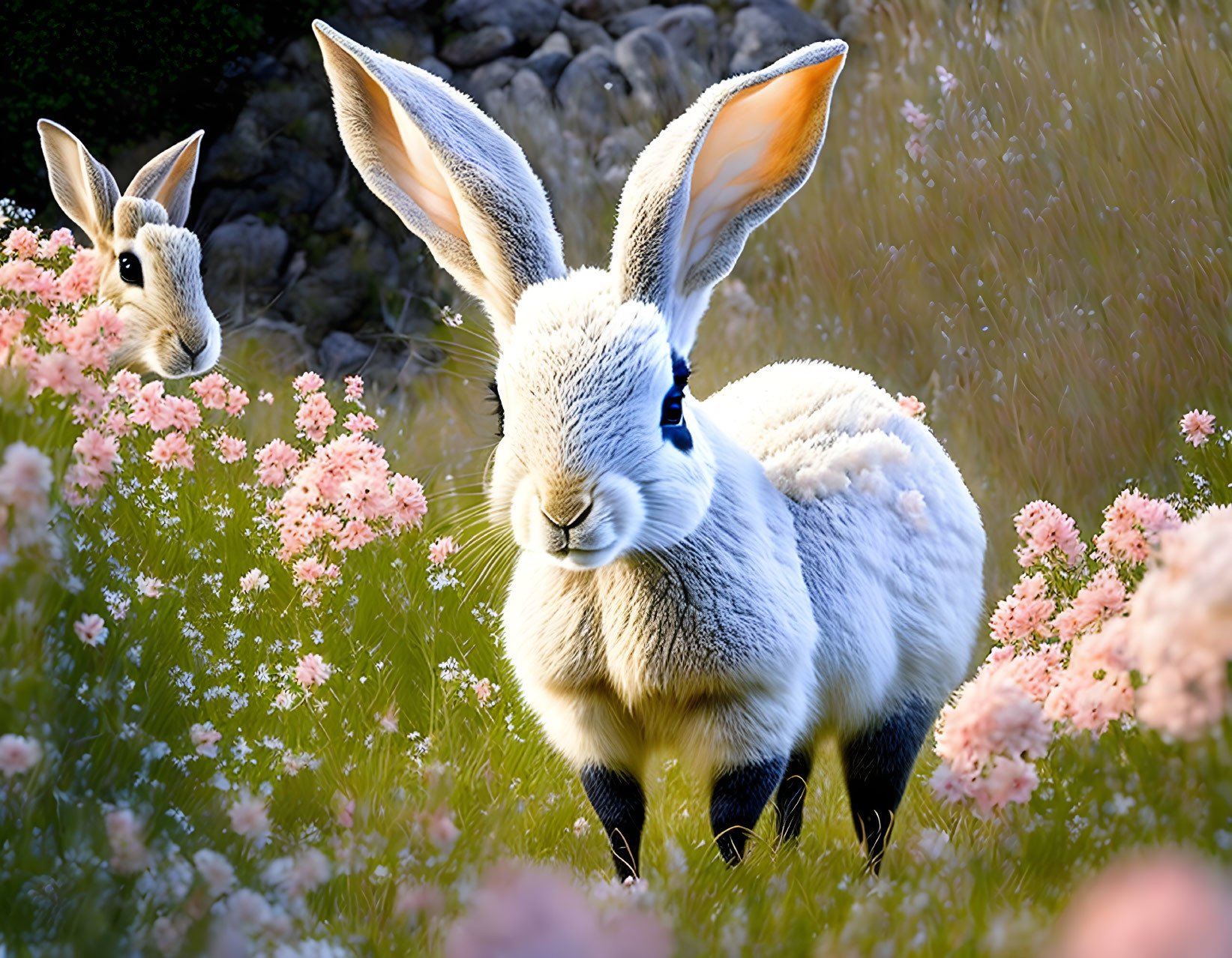 Anthropomorphic rabbit in pink flower field artwork