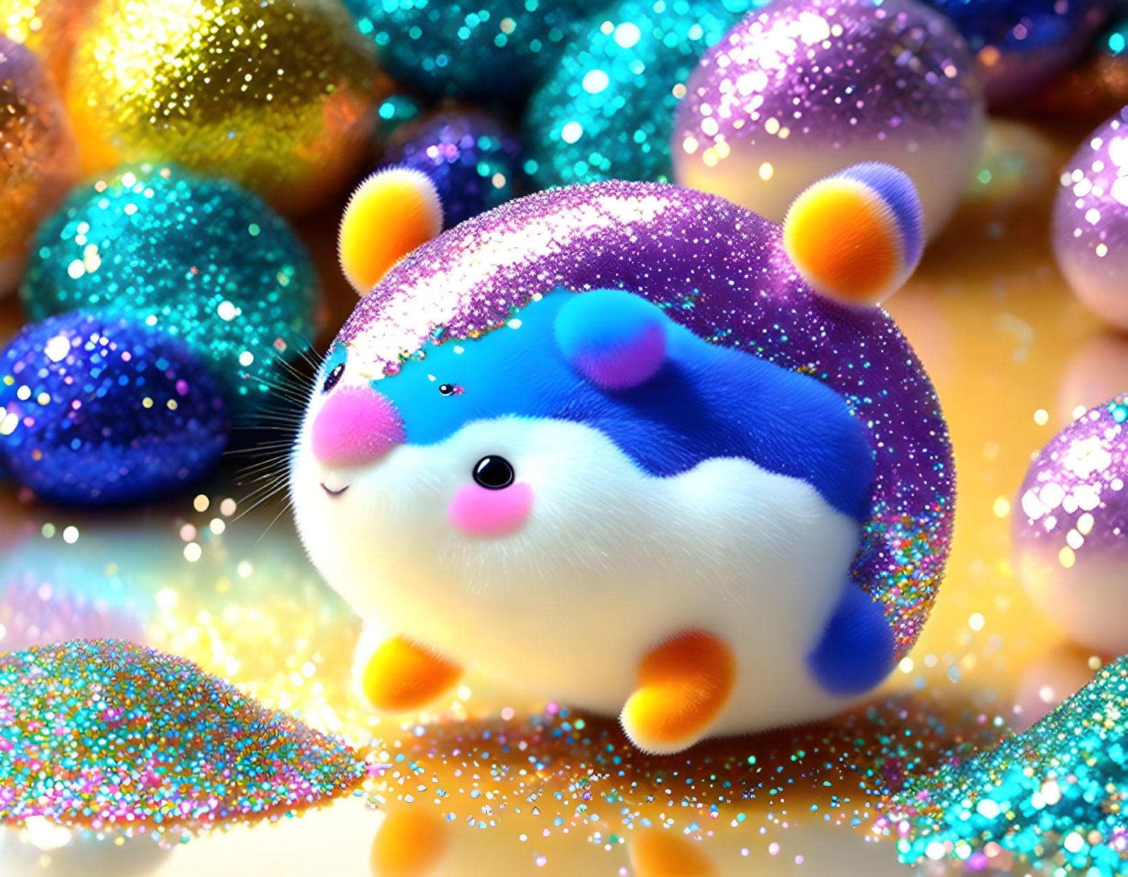 Colorful Glitter Hamster Artwork with Multi-Colored Orbs