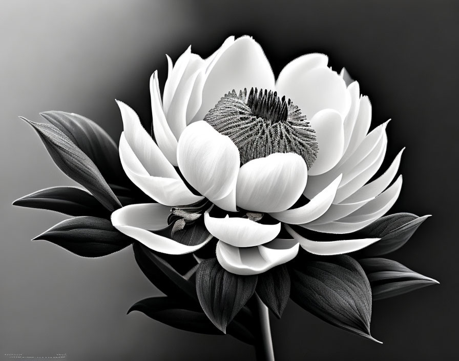 Detailed grayscale blooming flower with layered petals and textured center on soft blurred backdrop.