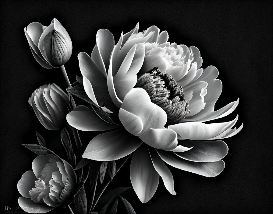 Monochromatic digital artwork: Flowers with detailed textures on dark background