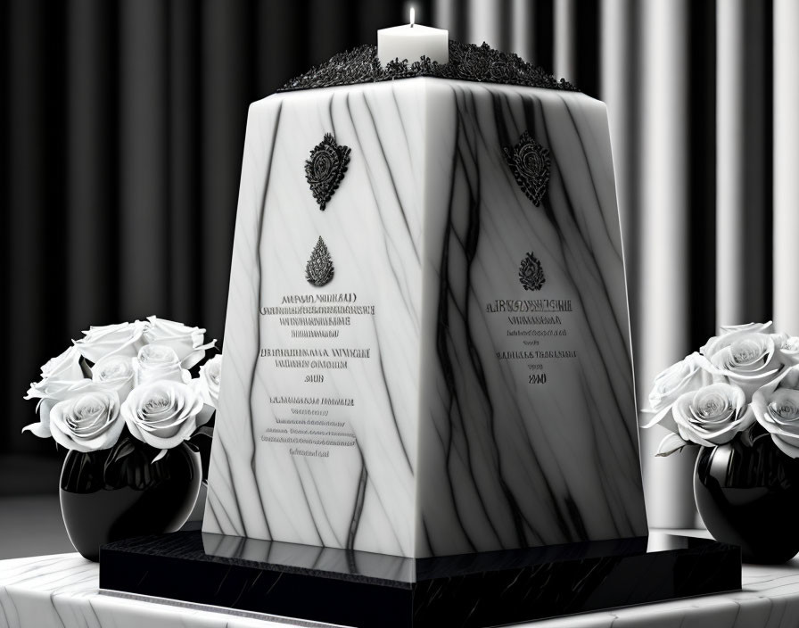 Black and White Marbled Urn with Floral Arrangements on Pedestal