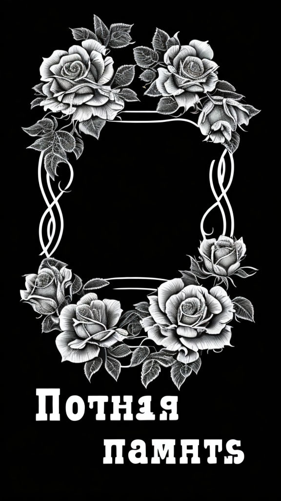 Monochrome floral frame with rose designs and Cyrillic text on black background