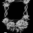 Monochrome floral frame with rose designs and Cyrillic text on black background