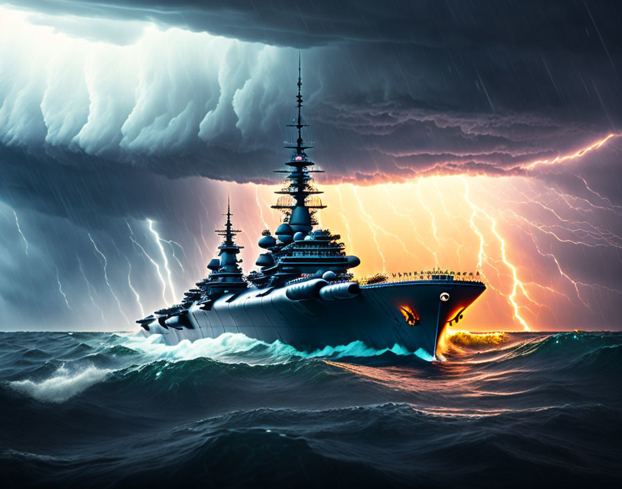 Battleship in turbulent seas under stormy sky