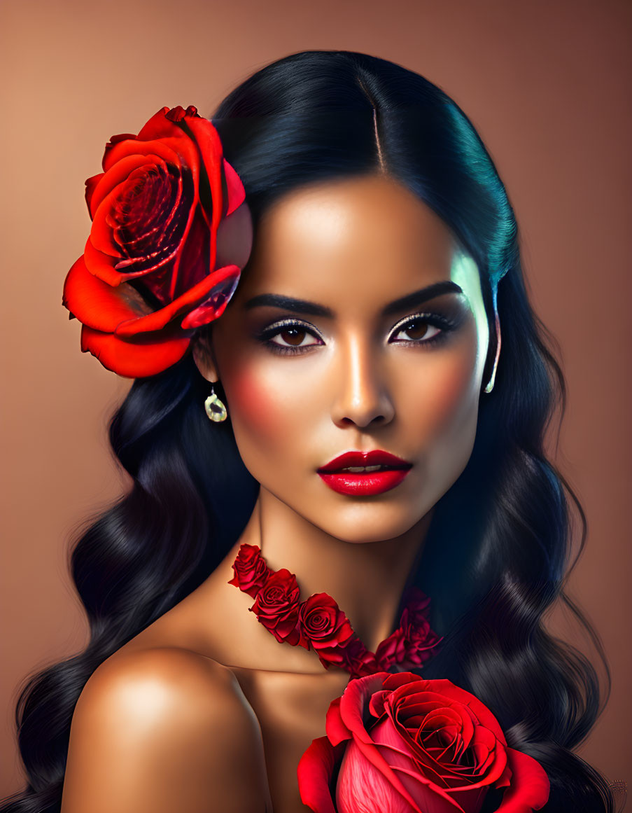 Woman with Black Hair and Red Roses in Elegant Makeup