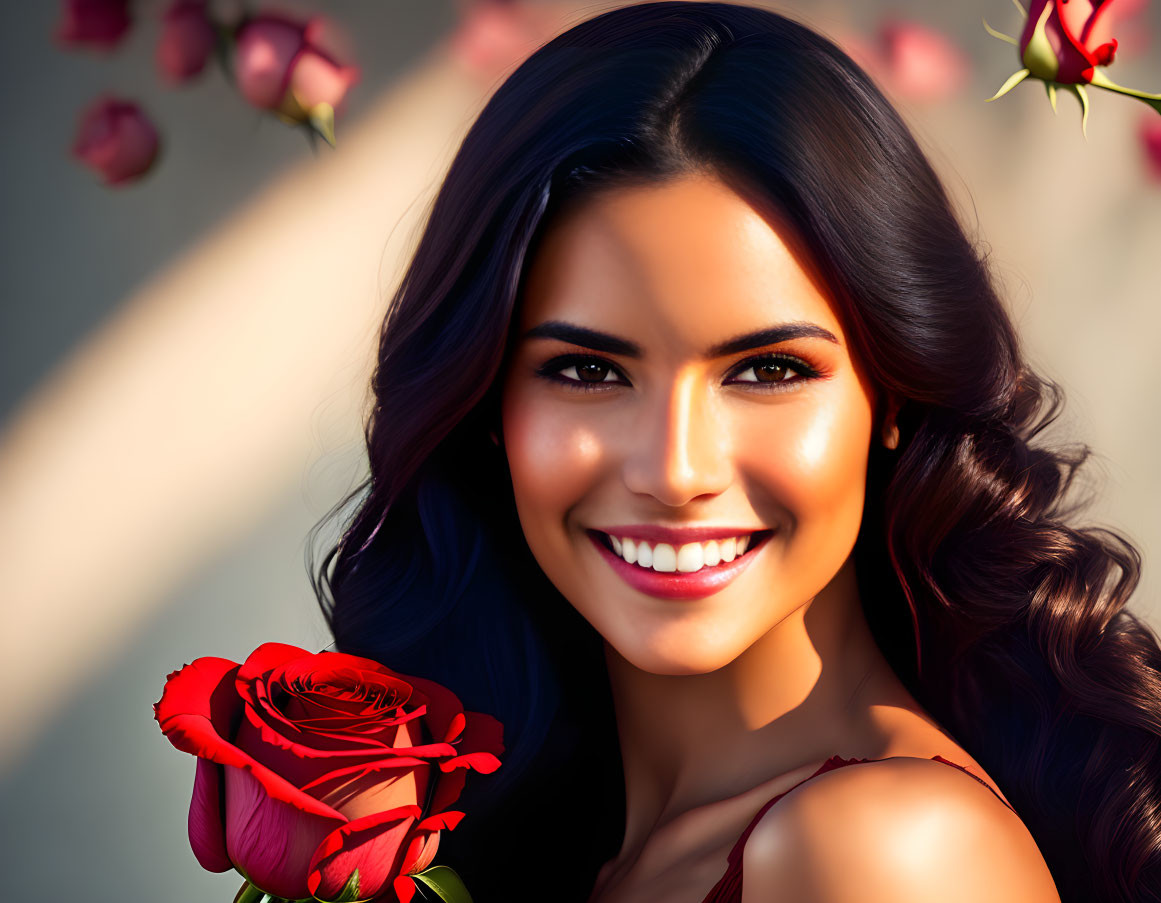 Smiling woman with wavy hair holding red rose in warm lighting