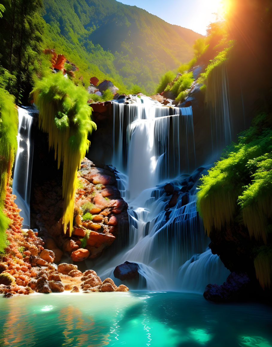 Lush greenery and colorful rocks surround vibrant waterfall