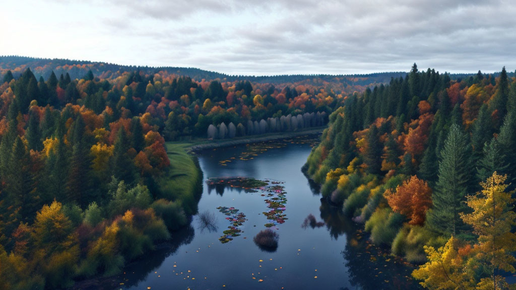 Tranquil autumn river scene with vibrant fall colors