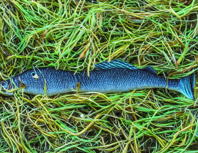 Blue and Silver Fish on Green Seaweed Bed