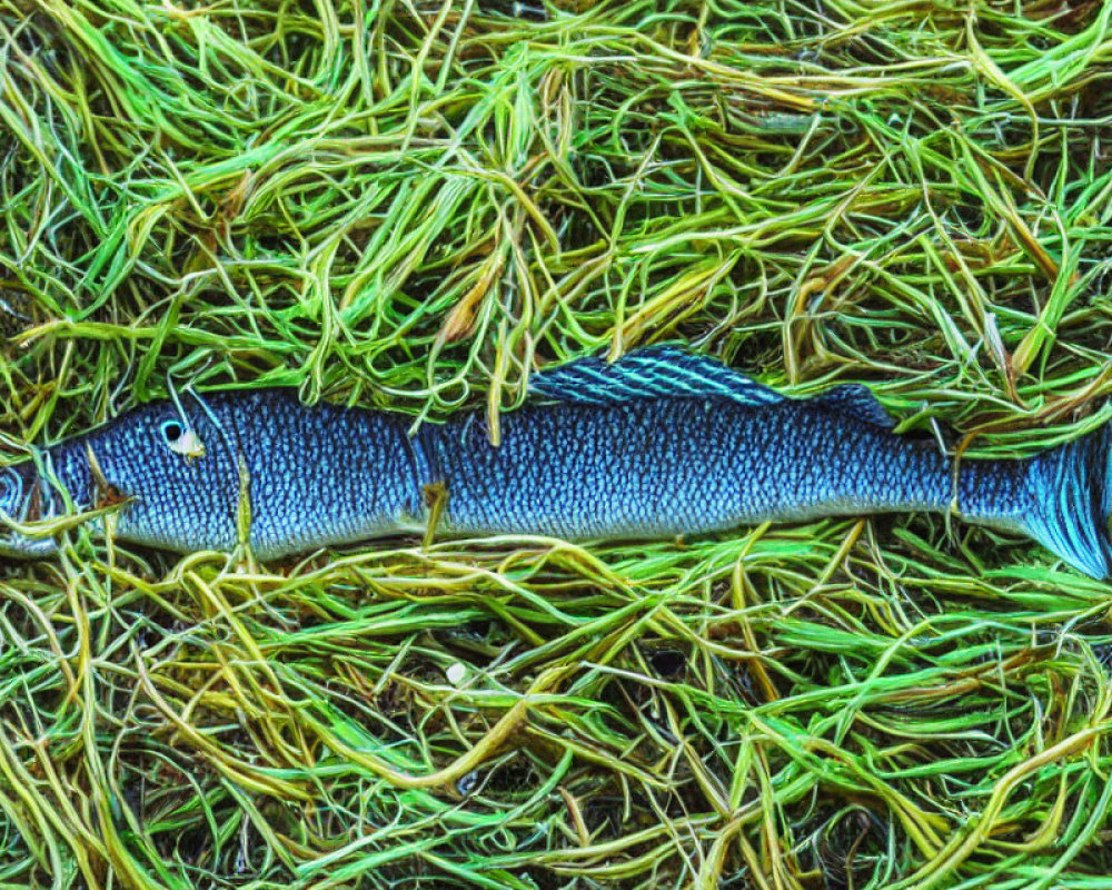 Blue and Silver Fish on Green Seaweed Bed