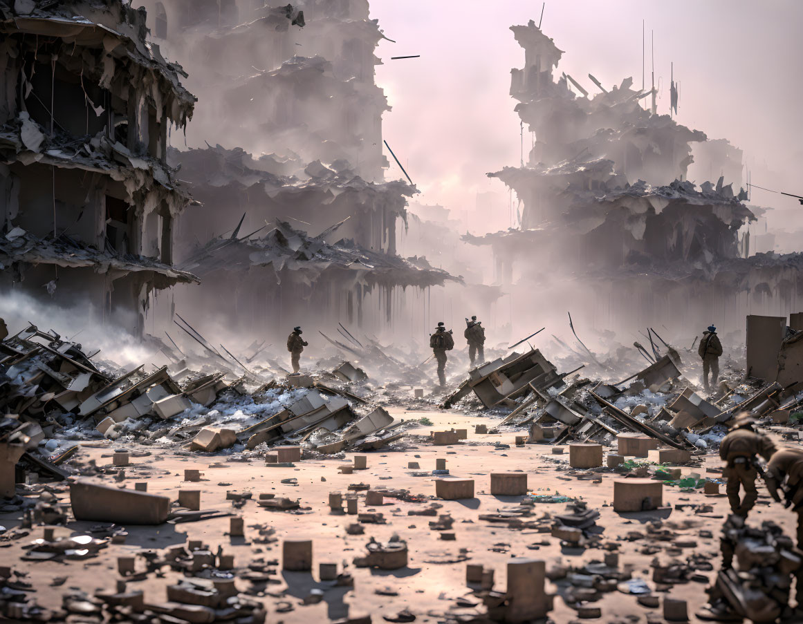 Soldiers in Devastated Urban Landscape with Collapsed Buildings and Dust