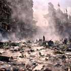 Soldiers in Devastated Urban Landscape with Collapsed Buildings and Dust