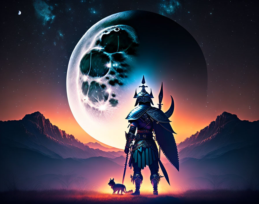 Samurai and fox under moon with skull in twilight sky