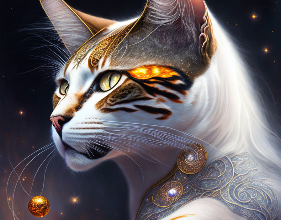 Fantasy white cat in celestial armor on starry backdrop