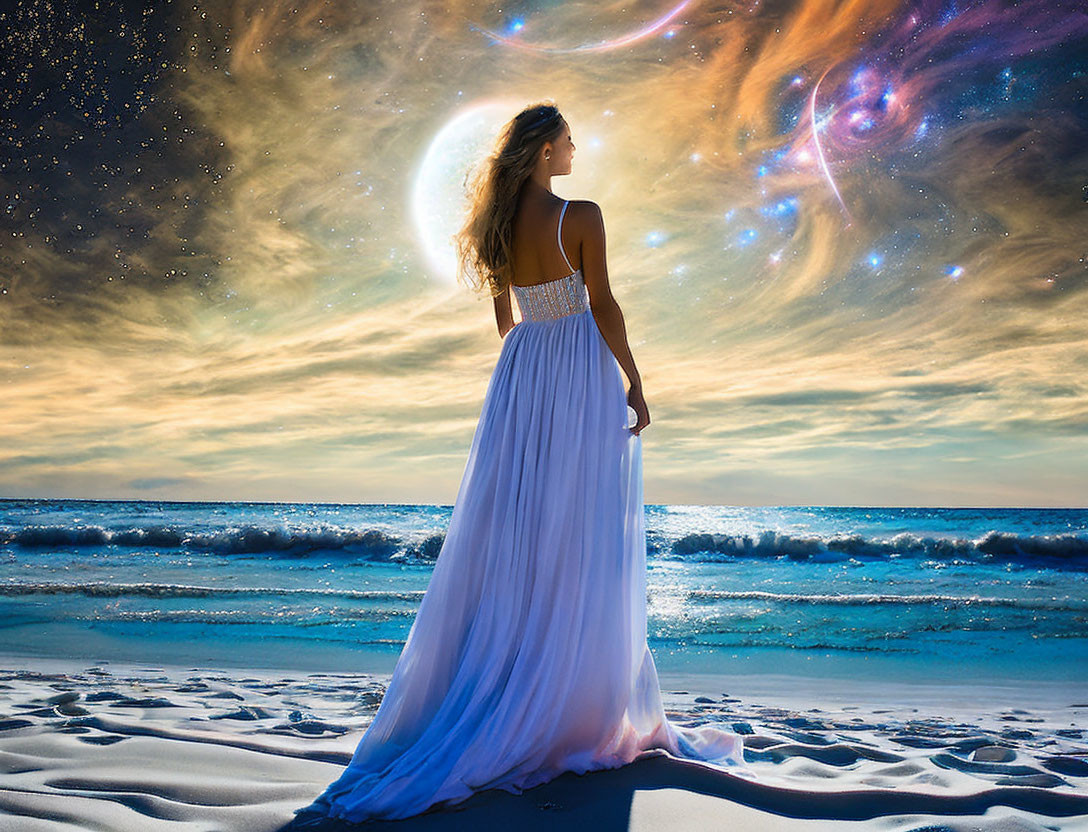 Woman in flowing dress gazes at surreal cosmic sky on beach