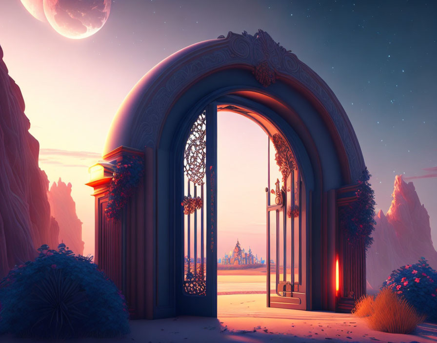 Ornate open archway showcasing fantastical landscape with castle under large moon