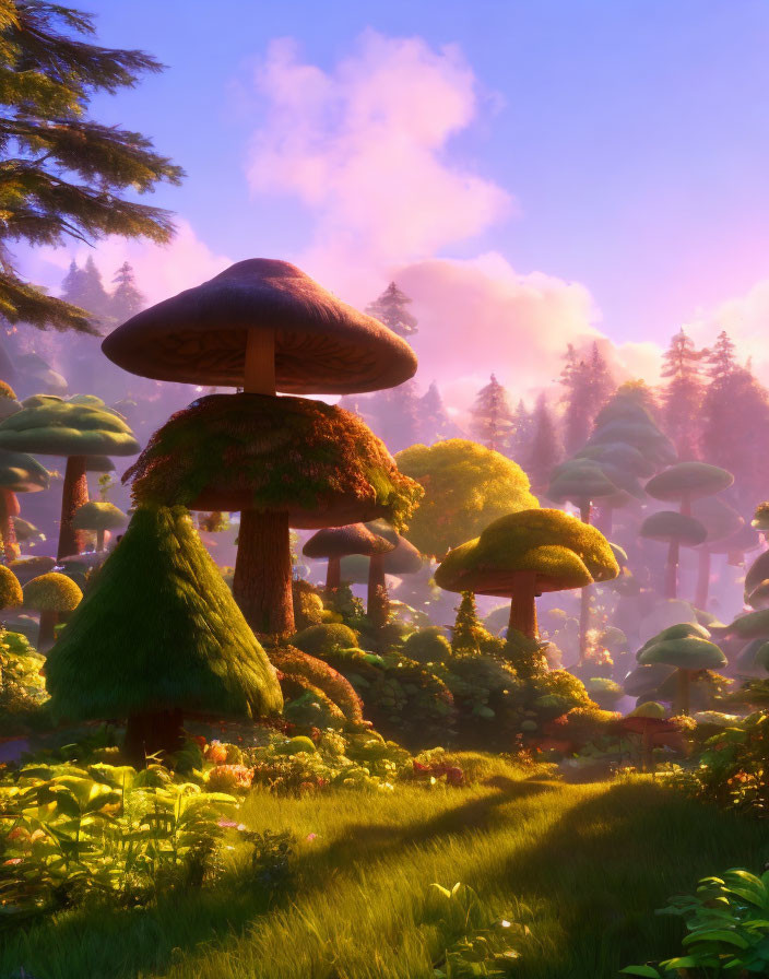 Fantastical forest scene with oversized mushrooms and ethereal sunlight