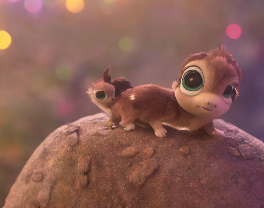 Two adorable chipmunks in dreamy bokeh-lit setting