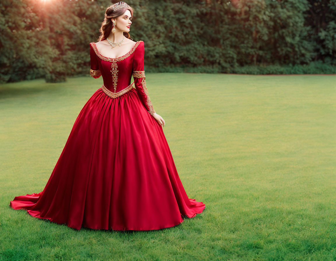 Woman in red gown with gold detailing in lush green field