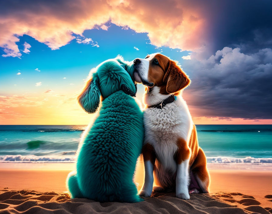 Plush Dogs on Beach at Sunset with Dramatic Sky