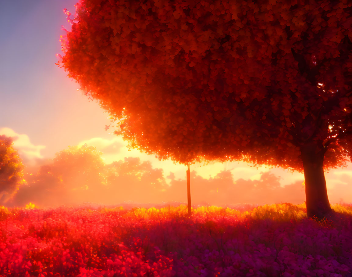 Lush landscape with vibrant red and pink hues