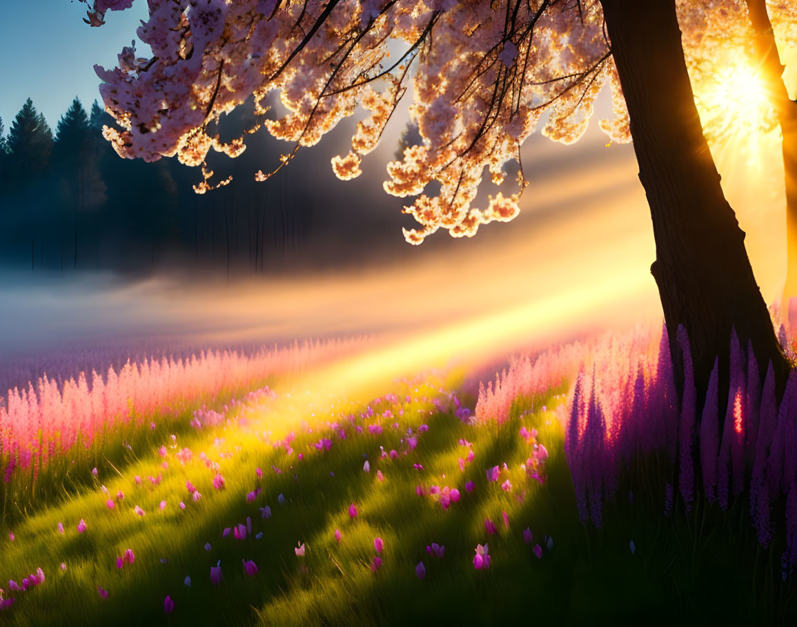 Vibrant meadow with pink flowers at sunrise