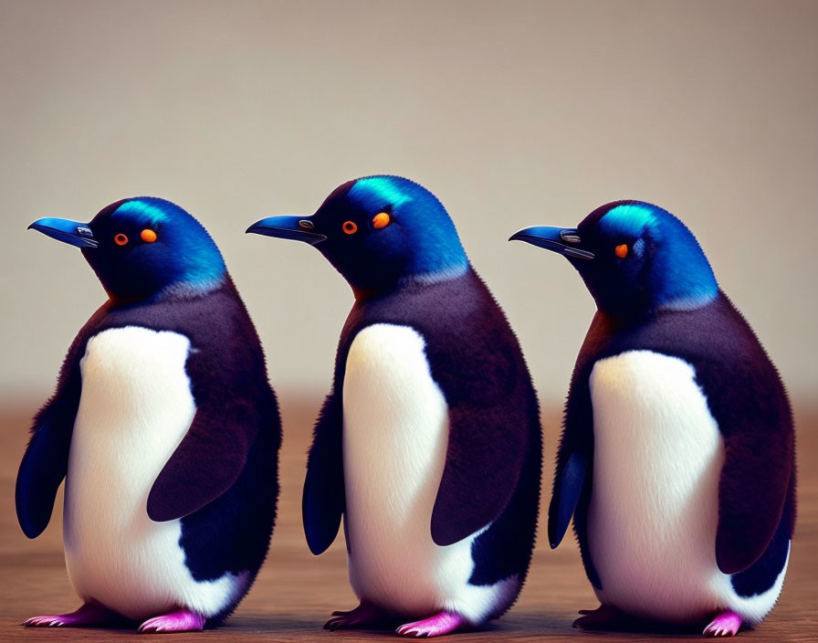 Vibrant blue toy penguins with pink feet on neutral background