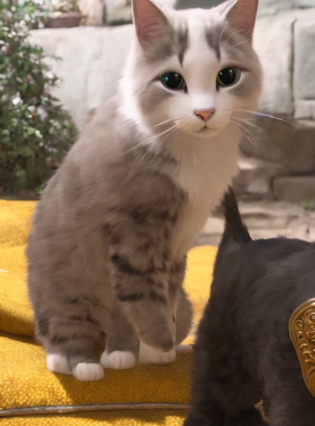 Gray and White Fluffy Cat with Green Eyes and Facial Markings on Yellow Surface