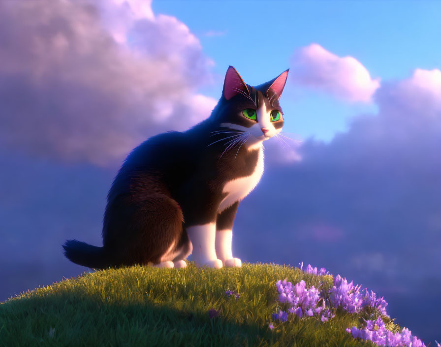 Black and white animated cat with green eyes on grassy hill at sunset