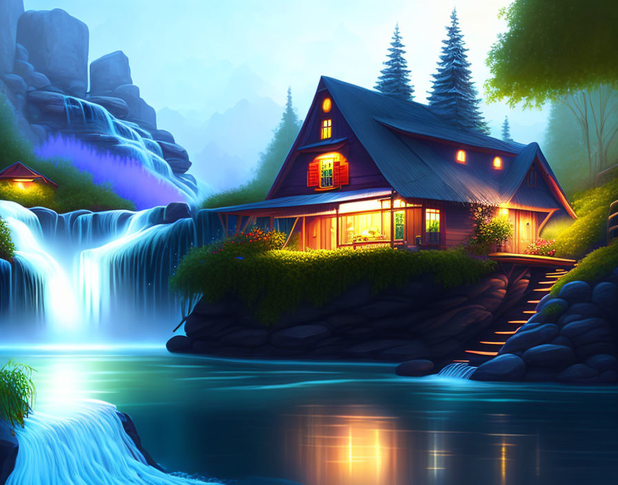 Tranquil illuminated cottage by waterfall and river at dusk