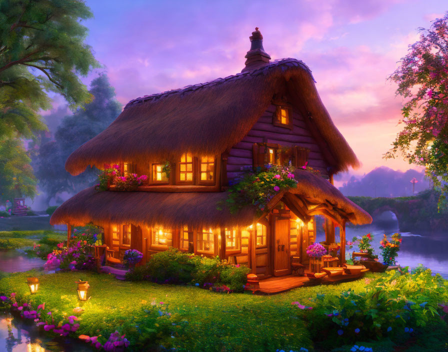 Quaint Thatched-Roof Cottage Surrounded by Foliage and Lantern-Lit Stream