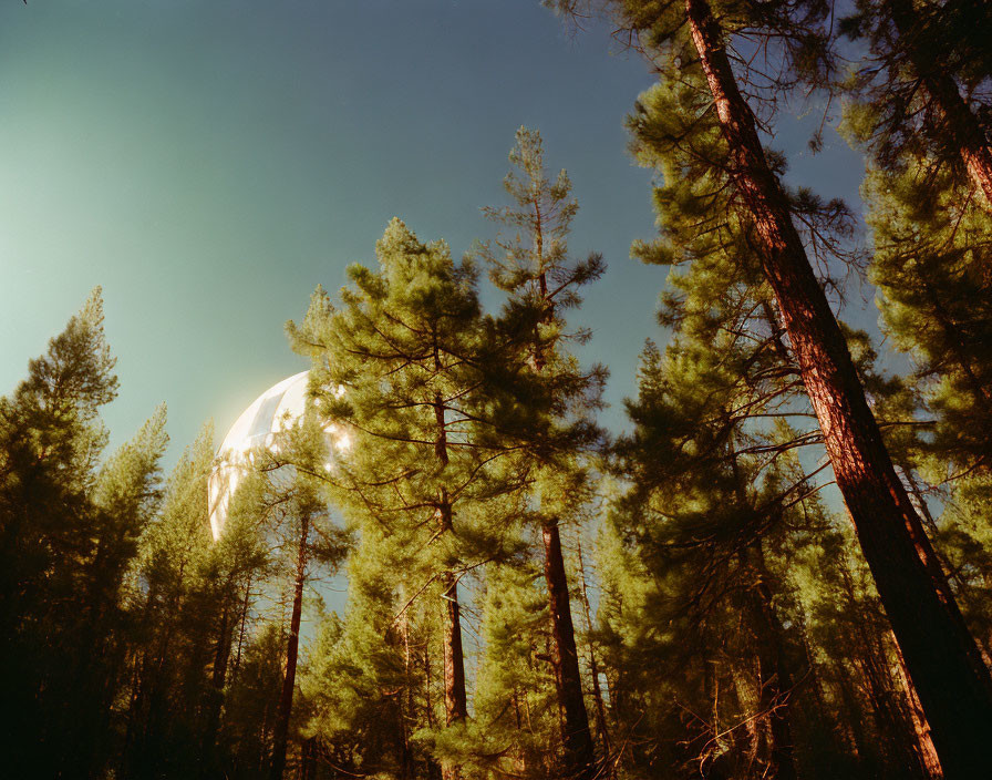 Tranquil forest scene: Pine trees under clear sky with low sun casting warm light