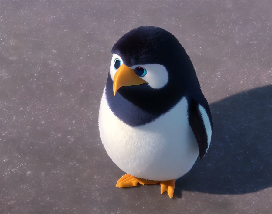 Black and white animated penguin with big blue eyes on snowy surface