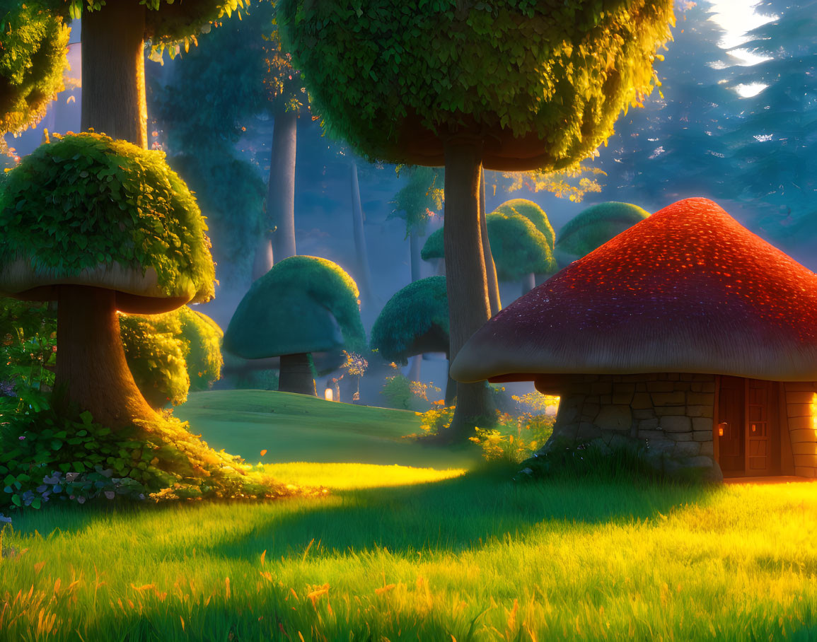 Enchanted Forest Glade: Sunrise with Mushroom Houses