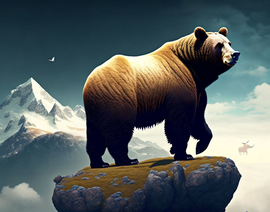 Majestic bear on cliff with mountain backdrop and deer under dramatic sky