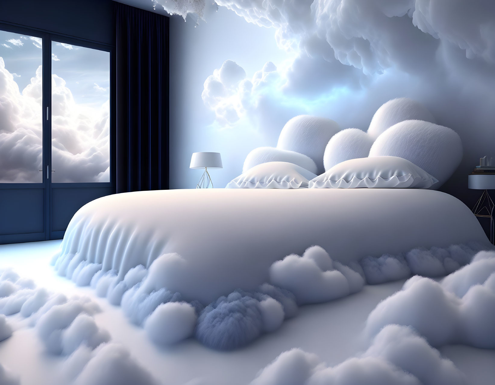 Surreal bedroom with fluffy cloud bed and stormy sky ambiance