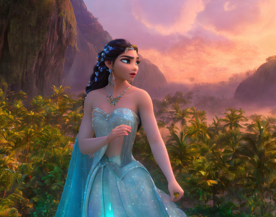 Animated princess in blue gown and jeweled tiara in lush valley at sunset