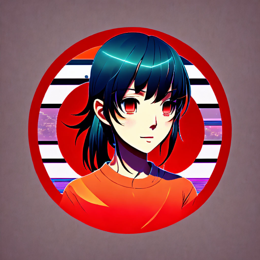 Stylized digital portrait of anime girl with black hair and red eyes in orange shirt on modern striped