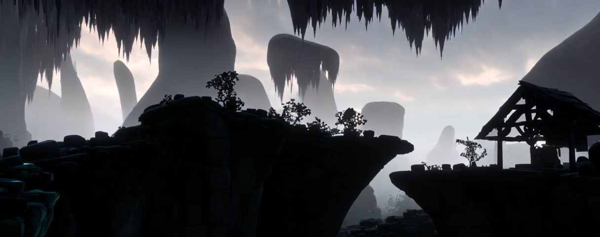 Silhouetted fantasy landscape: towering rocks, wooden structure, hanging stalactites